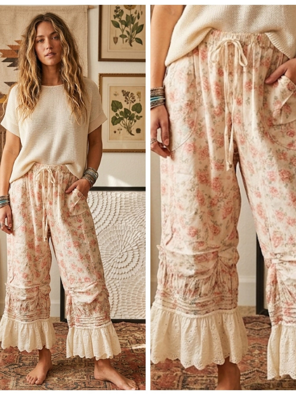 Floral Ruffle Hem Eyelit Bloomer Pants
